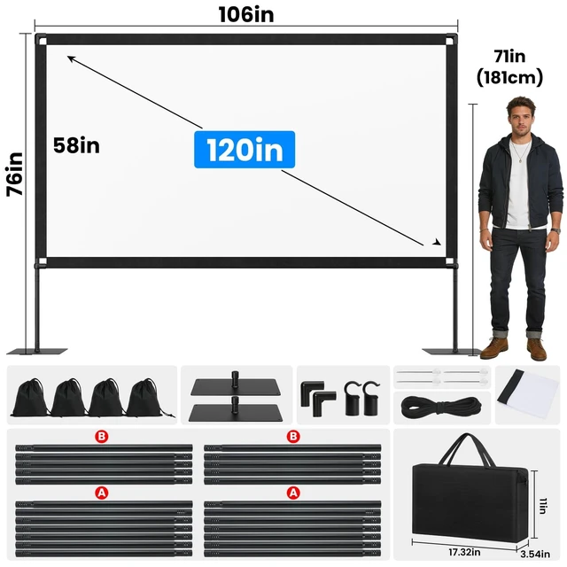 Alt view image 4 of 5 - 120 Inch Projector Screen with Stand, 16:9 4K HD Portable Projector Screen, Indoor Outdoor Front/Rear with Carry Bag for Home Theater Backyard Camping Movie Night