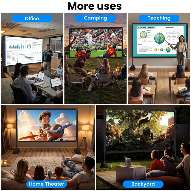 Alt view image 5 of 5 - 120 Inch Projector Screen with Stand, 16:9 4K HD Portable Projector Screen, Indoor Outdoor Front/Rear with Carry Bag for Home Theater Backyard Camping Movie Night