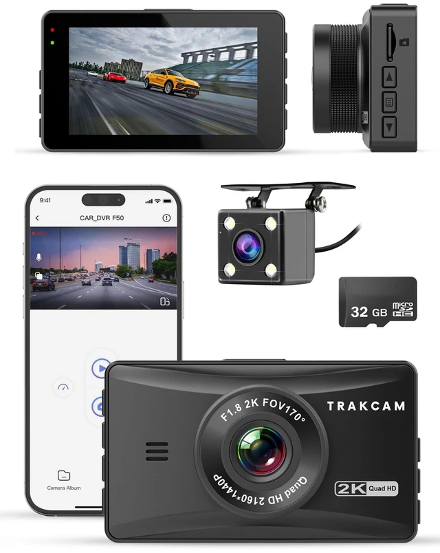 Main image of Trakcam 2K QHD Dual Dash Cam Front and Rear with GPS, WiFi, Super Night Vision, 3" IPS Screen, WDR, 170 Wide Angle, Reverse Assist, App Control, G-Sensor, Loop Recording Monitor (32GB Card Included)