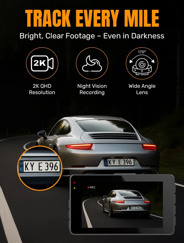 Alt view image 2 of 5 - Trakcam 2K QHD Dual Dash Cam Front and Rear with GPS, WiFi, Super Night Vision, 3" IPS Screen, WDR, 170 Wide Angle, Reverse Assist, App Control, G-Sensor, Loop Recording Monitor (32GB Card Included)