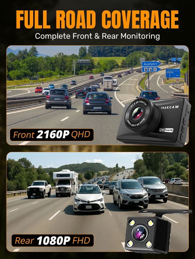 Alt view image 4 of 5 - Trakcam 2K QHD Dual Dash Cam Front and Rear with GPS, WiFi, Super Night Vision, 3" IPS Screen, WDR, 170 Wide Angle, Reverse Assist, App Control, G-Sensor, Loop Recording Monitor (32GB Card Included)
