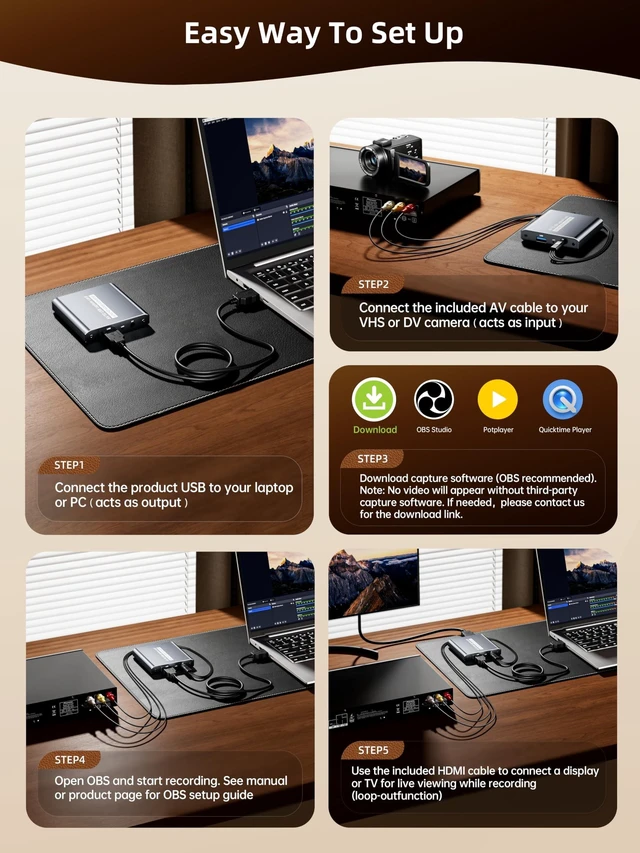 Alt view image 4 of 5 - VHS to Digital Capture Card USB Video Capture Card with HDMI Loop Out, RCA AV to USB for VCR/DVD/Hi8/PS2/Wii, 1080P 30fps Analog to Digital Converter, Effortless Record & Preview Old Videos on TV/PC