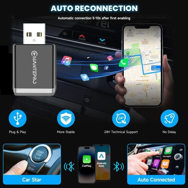 Alt view image 3 of 5 - Isantepro 2-in-1 Wireless CarPlay Adapter & Android Auto for Apple iPhone, 2026 Upgrade Mini Bluetooth Dongle Convert Wired to Wireless, Plug & Play, USB A & Type C for 2016+ Cars, iOS 1
