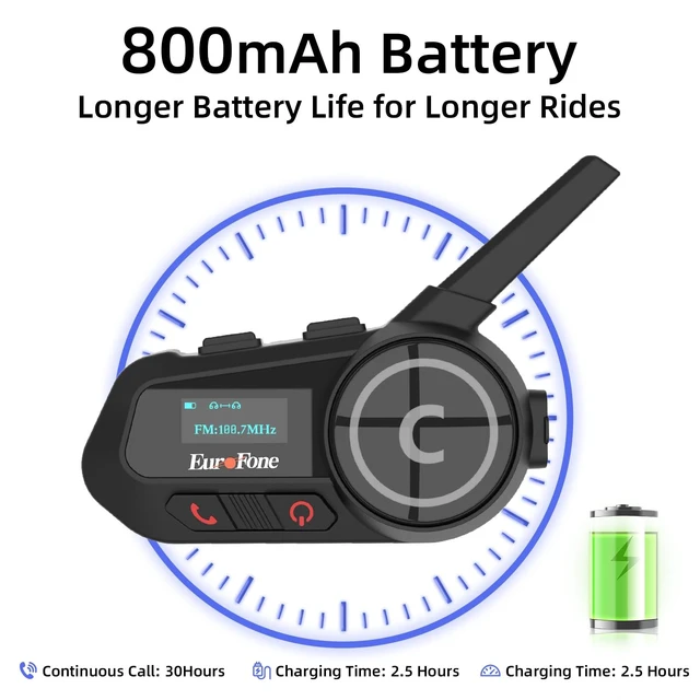 Alt view image 4 of 5 - EuroFone Motorcycle Bluetooth Headset,Motorcycle Bluetooth Intercom Communicaton System with LED Screen for 6 Riders Group Use On Charge/Voice Dial Universal Motorbike Communicator
