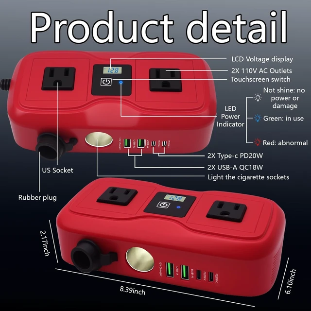 Alt view image 5 of 5 - SZSSTH 7-in-1 200W Car Power Inverter 2V DC to 110V AC, 2 AC Outlets + 4 USB (PD 20W & QC 3.0) + Cigarette Lighter Plug, 2 USB Fast-Charge, Auto Inverter for Travel & Camping