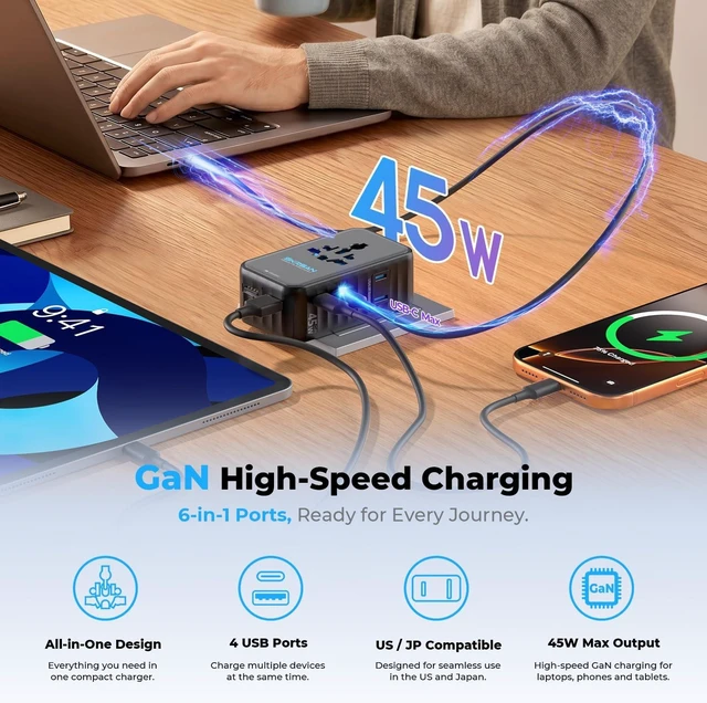 Alt view image 5 of 5 - SKRSAN Aura 45W Ultra-Thin Universal Travel Adapter 6-in-1 for Home & Trip