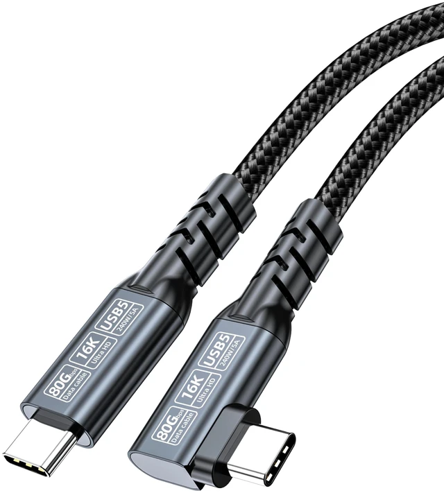 Alt view image 2 of 2 - JUIXINVIM USB5 Data Cable, USB4 80Gbps USB C to USB C Cable 240W PD 3.1, 90 Degree Right Angle, High-Speed Video, Thunderbolt 4/3 Compatible, Braided Type C Cord for Laptop Dock, Black 4.92FT