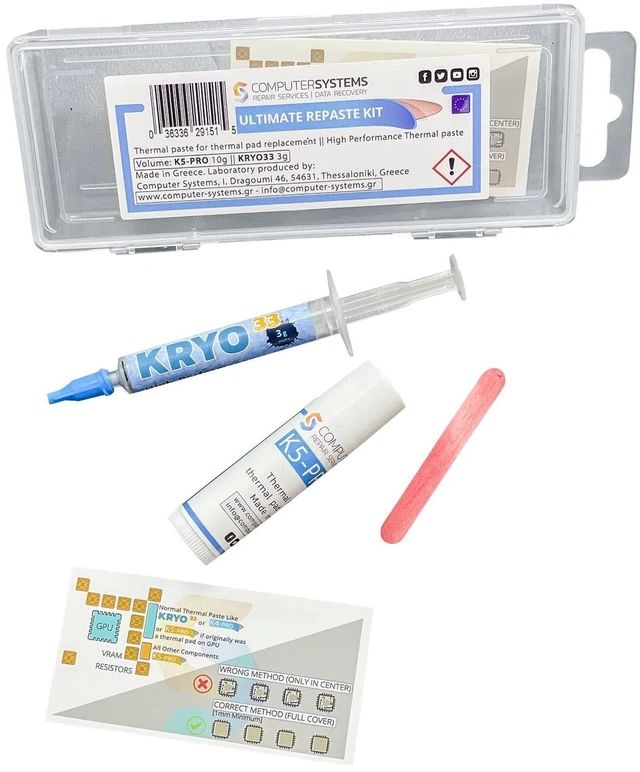 Main image of Ultimate Repaste KIT K5 PRO 10g & KRYO33 3g Thermal Paste and Thermal Putty Pad Replacement Set Compatible with Apple iMac, Asus ROG, Acer Nitro, MSI laptops, RTX 3080, PS4, Nintendo Switch, X