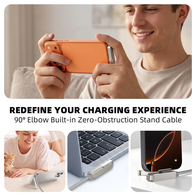 Alt view image 5 of 5 - USB C Cable Foldable Stand 240W Fast Charging 1.5M 4.92ft Type C Cord Grey