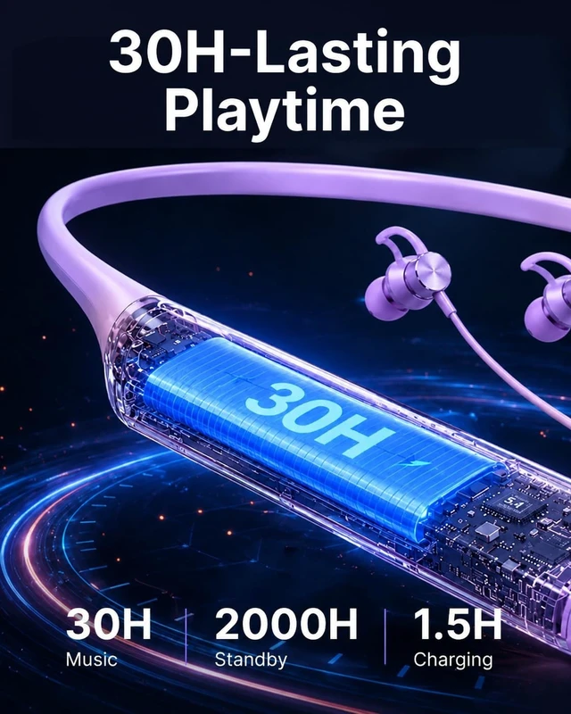 Alt view image 2 of 5 - INDIVISO Bluetooth 5.4 Neckband Earbuds, Wireless Sports Headphones with Mic, 30H Playtime, IPX5 Sweatproof, Deep Bass, Fast Pairing for Running Gym Workout Commute (Purple)