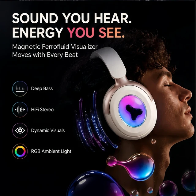 Alt view image 2 of 5 - UUEENN Magnetic Ferrofluid Headphones with Music Visualizer, Bluetooth 5.3 Wireless Over-Ear HiFi Stereo, Dancing Liquid Display, Noise-Cancel Mic, Foldable Gaming & Music Headset for Teens & M