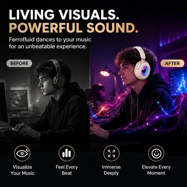 Alt view image 4 of 5 - UUEENN Magnetic Ferrofluid Headphones with Music Visualizer, Bluetooth 5.3 Wireless Over-Ear HiFi Stereo, Dancing Liquid Display, Noise-Cancel Mic, Foldable Gaming & Music Headset for Teens & M