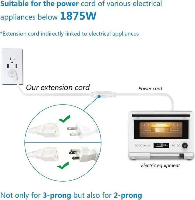 Alt view image 4 of 7 - FIRMERST 1875W Flat Plug 1Ft Extension Cord 15A for Kitchen Home Appliance Office White (3 Pack)