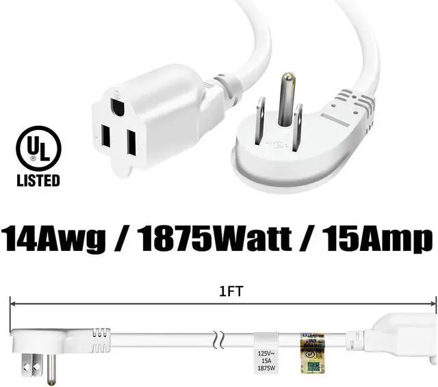 Alt view image 5 of 7 - FIRMERST 1875W Flat Plug 1Ft Extension Cord 15A for Kitchen Home Appliance Office White (3 Pack)