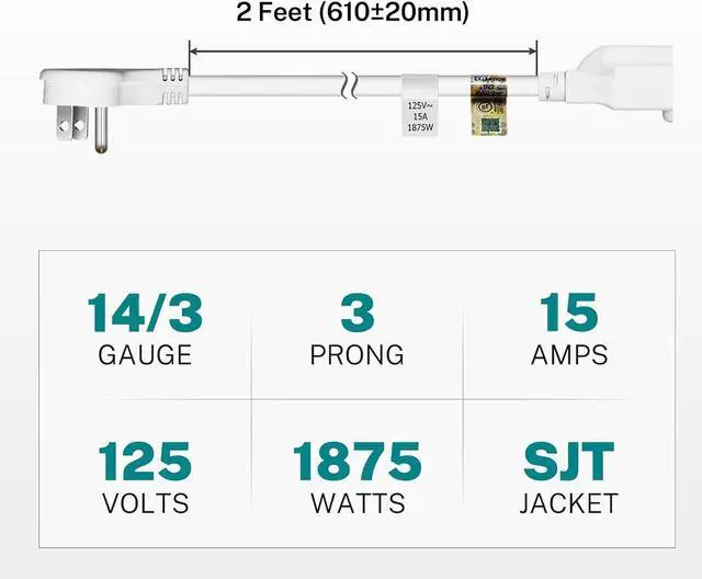 Alt view image 5 of 7 - FIRMERST 1875W Low Profile Flat Plug 2Ft Extension Cord 14AWG 15A White UL Listed