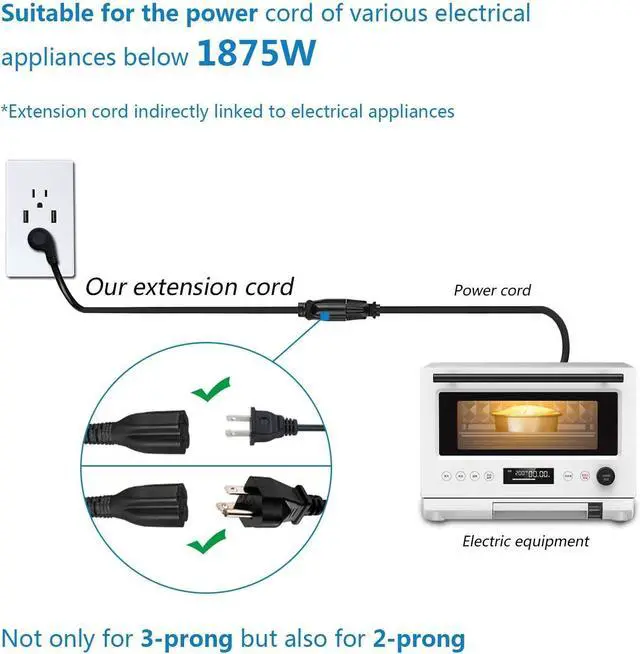 Alt view image 7 of 7 - FIRMERST 1875W 15A Extension Cord 2 Feet 14/3 Flat Plug Black, Pack of 2