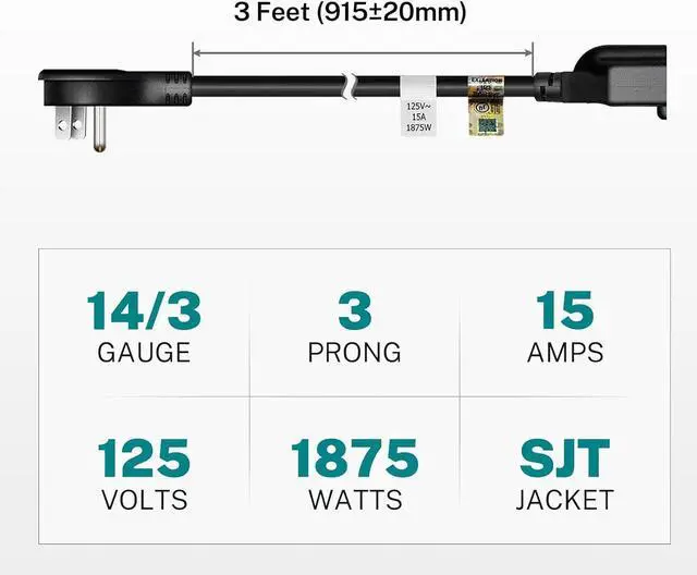 Alt view image 7 of 7 - FIRMERST 1875W Flat Plug Extension Cord 3 Feet 14 AWG 15A Black, UL Listed