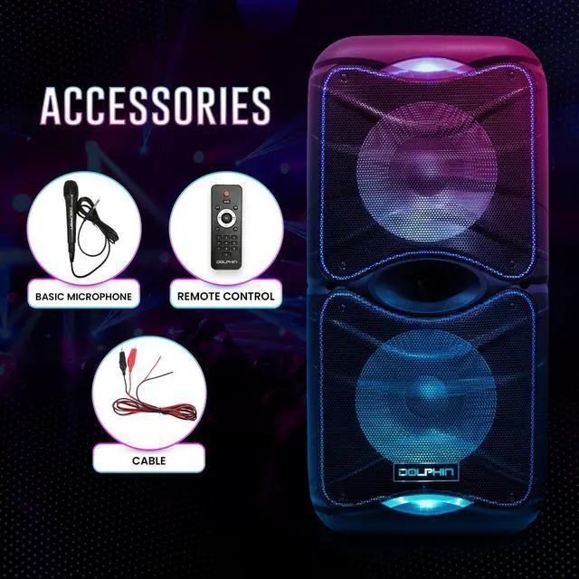 Alt view image 6 of 7 - Dolphin SP-212RBT Portable Bluetooth Party Speaker with Lights and PA System with Expandable Battery