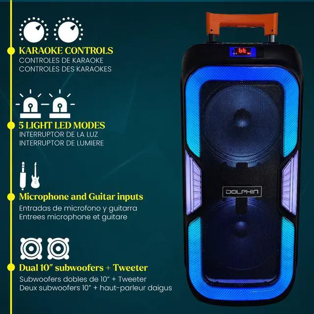 Alt view image 5 of 7 - Dolphin SP-1060RBT Dual 10" BOLD Deep Bass Party Speaker with Light Show