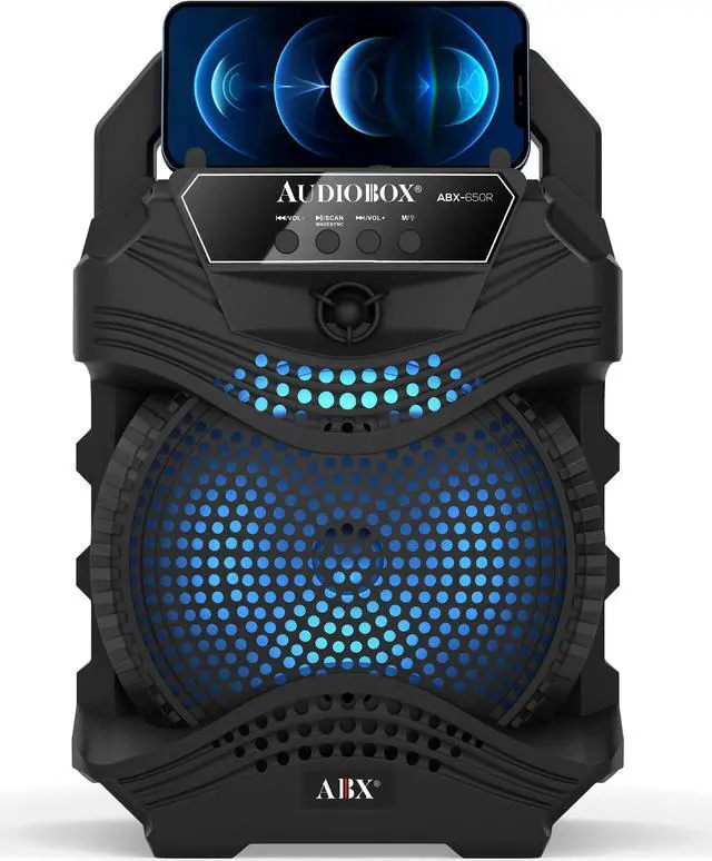 Alt view image 2 of 4 - Audiobox ABX-650R Portable PA Speaker ABX-650R with Bluetooth, Sound Activated Lights, Built-In Phone Holder, and 1000W Power
