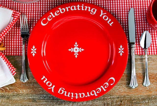 Alt view image 4 of 7 - Celebrating You Red Plate in custom Gift Box. Birthday Plate, Mothers Day, Wedding, Anniversary, Holiday Gift, Red Dinner Plate, Quality Personalized Special Red Plate Microwave & Dishwasher Safe