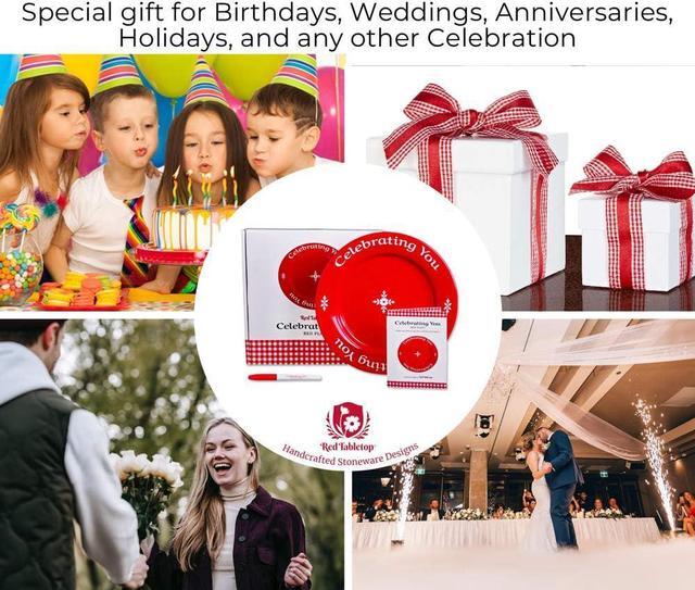 Alt view image 5 of 7 - Celebrating You Red Plate in custom Gift Box. Birthday Plate, Mothers Day, Wedding, Anniversary, Holiday Gift, Red Dinner Plate, Quality Personalized Special Red Plate Microwave & Dishwasher Safe