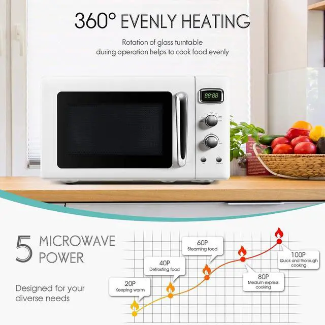 Alt view image 2 of 7 - ARLIME Retro Microwave Oven, 900W/0.9Cu.Ft, Small Countertop Microwave w/Defrost & Auto Cooking, LED Display, Pull Handle, Easy Clean Stainless Steel Interior, Child Lock, ETL Certification