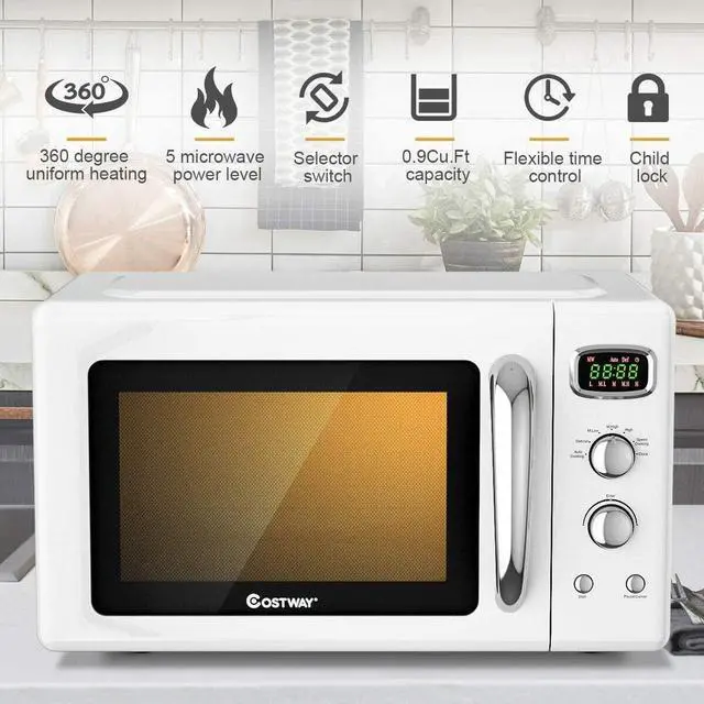 Alt view image 7 of 7 - ARLIME Retro Microwave Oven, 900W/0.9Cu.Ft, Small Countertop Microwave w/Defrost & Auto Cooking, LED Display, Pull Handle, Easy Clean Stainless Steel Interior, Child Lock, ETL Certification