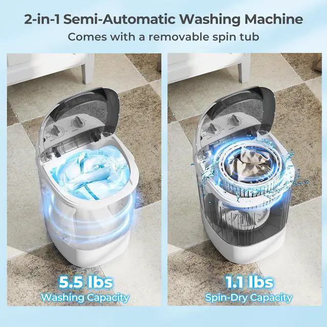 Alt view image 2 of 7 - ARLIME Portable Washing Machine, 5.5 lbs Mini Top Load Washer with Removable Spin Dry Tub & Safety Cover, Compact Semi-Automatic Laundry Machine for Home Apartment RV Dorm, Blue/Gray (Grey)