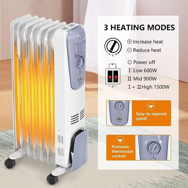 Alt view image 2 of 7 - ARLIME 1500W Oil Filled Radiator Heater, Electric Space Heater with Adjustable Thermostat, 3 Heat Settings, Overheat & Tip-Over Protection, Oil Heaters for Indoor Use Room Office Home