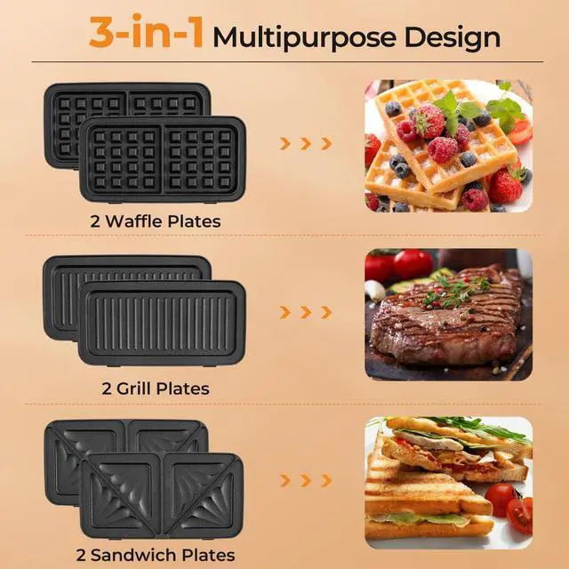Alt view image 2 of 7 - ARLIME Waffle Maker with Removable Plates, 1082W Electric Panini Press Grill w/Non-stick Plates, Indicator Lights, Sandwich Maker w/ 5-gear Temperature Control for Breakfast Grilled Cheese Steak