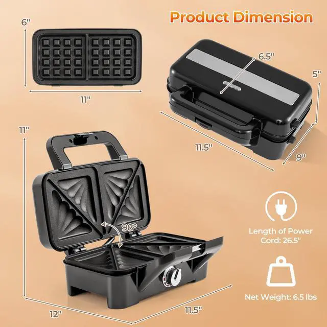 Alt view image 7 of 7 - ARLIME Waffle Maker with Removable Plates, 1082W Electric Panini Press Grill w/Non-stick Plates, Indicator Lights, Sandwich Maker w/ 5-gear Temperature Control for Breakfast Grilled Cheese Steak