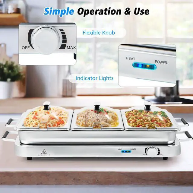 Alt view image 4 of 7 - ARLIME Triple Buffet Server Food Warmer, 450W Stainless Steel Electric Warming Tray, Adjustable Temperature, Transparent Lids w/Spoon Slot, 8 QT Chafing Dish Set for Parties, Banquets, Catering