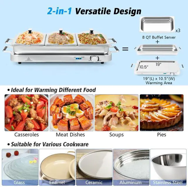 Alt view image 2 of 7 - ARLIME Triple Buffet Server Food Warmer, 450W Stainless Steel Electric Warming Tray, Adjustable Temperature, Transparent Lids w/Spoon Slot, 8 QT Chafing Dish Set for Parties, Banquets, Catering