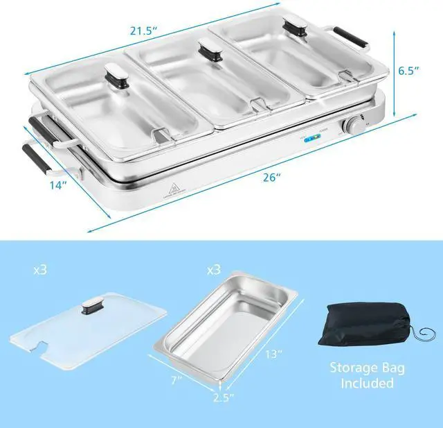 Alt view image 7 of 7 - ARLIME Triple Buffet Server Food Warmer, 450W Stainless Steel Electric Warming Tray, Adjustable Temperature, Transparent Lids w/Spoon Slot, 8 QT Chafing Dish Set for Parties, Banquets, Catering