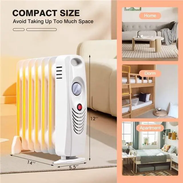 Alt view image 6 of 7 - ARLIME Oil Filled Radiator Heater, 700W Small Space Heating Machine with Thermostat, Overheat Protection, Portable Oil Heater for Indoor Use, Bedroom, Office, Home