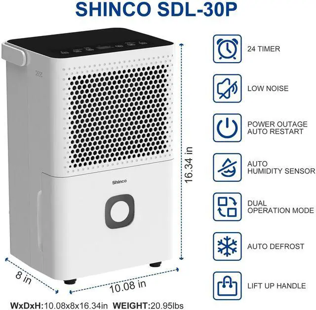 Alt view image 3 of 7 - Shinco 30 Pints Dehumidifier for Home and Basements, 1500 Sq.Ft Dehumidifiers with Drain Hose, Auto or Manual Drainage, Auto Defrost, Quietly Remove Moisture, Activated Carbon Filter, 24HR Timer