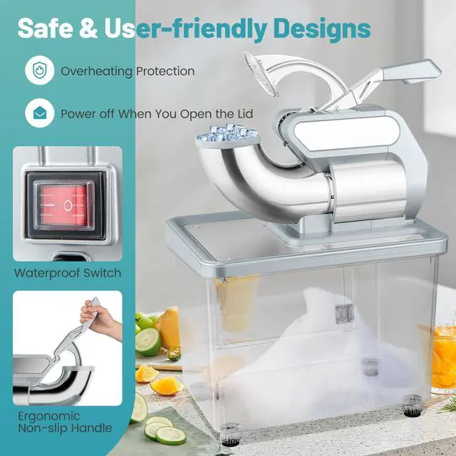 Alt view image 5 of 7 - ARLIME Snow Cone Machine, 660 LBS/H 300W Electric Ice Crusher w/Dual Blades & Safety On/Off Switch, ETL-Approved Stainless Steel Commercial Shaved Ice Machine for Home Restaurant Bar, 37L (Grey)