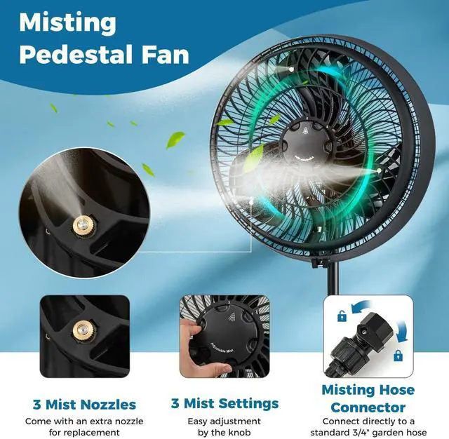Alt view image 3 of 7 - ARLIME Misting Pedestal Fan, 16 Inch Oscillating Ventilator with Hose Connector, 3 Micro-Mist Levels, 3 Speeds, Adjustable Height and CFGI Plug, Metal Standing Fan for Patio Backyard, Black