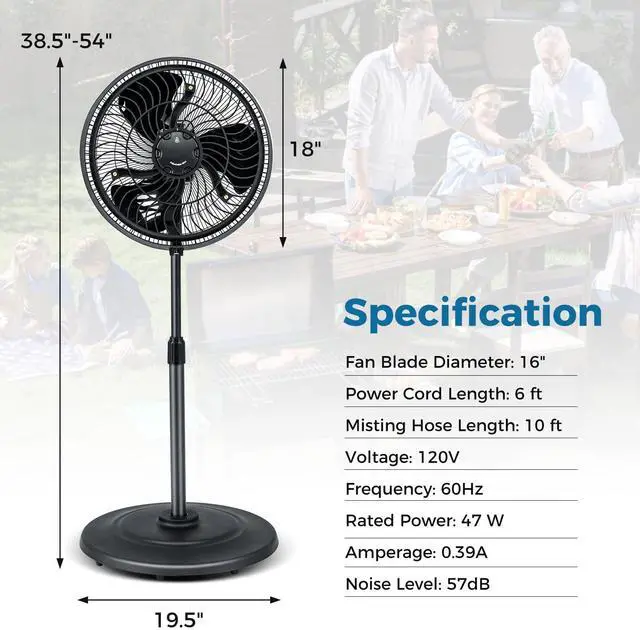 Alt view image 7 of 7 - ARLIME Misting Pedestal Fan, 16 Inch Oscillating Ventilator with Hose Connector, 3 Micro-Mist Levels, 3 Speeds, Adjustable Height and CFGI Plug, Metal Standing Fan for Patio Backyard, Black