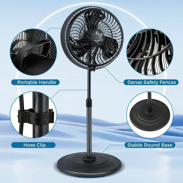Alt view image 6 of 7 - ARLIME Misting Pedestal Fan, 16 Inch Oscillating Ventilator with Hose Connector, 3 Micro-Mist Levels, 3 Speeds, Adjustable Height and CFGI Plug, Metal Standing Fan for Patio Backyard, Black