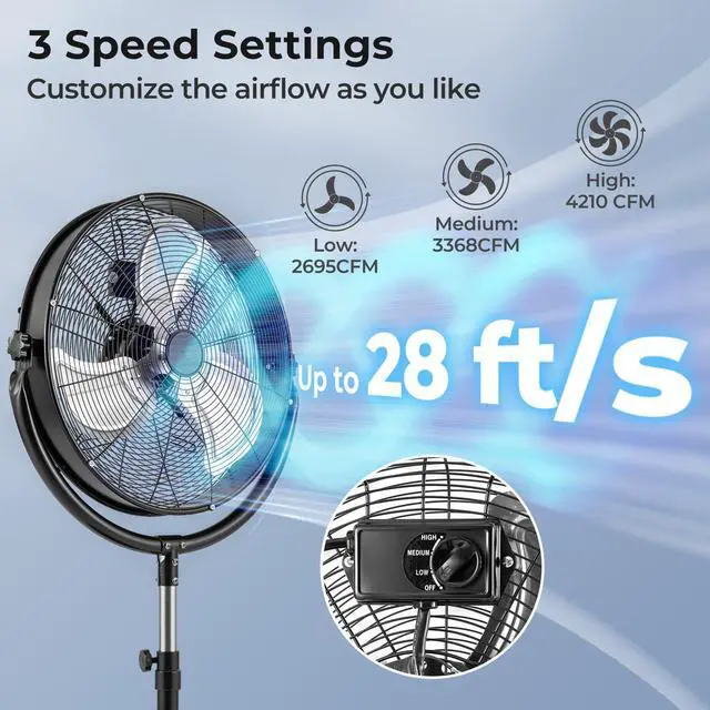 Alt view image 2 of 7 - ARLIME 20" High Velocity Pedestal Fan, Industrial Oscillating Standing Fan w/3 Speeds, 360° Tilt & Adjustable Height, Heavy Duty Metal Floor Fan for Commercial, Garage, Workshop, Warehouse (20 Inch)