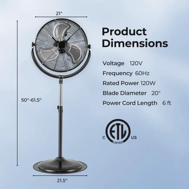 Alt view image 7 of 7 - ARLIME 20" High Velocity Pedestal Fan, Industrial Oscillating Standing Fan w/3 Speeds, 360° Tilt & Adjustable Height, Heavy Duty Metal Floor Fan for Commercial, Garage, Workshop, Warehouse (20 Inch)