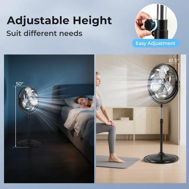Alt view image 4 of 7 - ARLIME 20" High Velocity Pedestal Fan, Industrial Oscillating Standing Fan w/3 Speeds, 360° Tilt & Adjustable Height, Heavy Duty Metal Floor Fan for Commercial, Garage, Workshop, Warehouse (20 Inch)