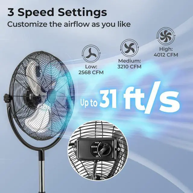 Alt view image 2 of 7 - ARLIME 18" High Velocity Pedestal Fan, Industrial Oscillating Standing Fan w/3 Speeds, 360° Tilt & Adjustable Height, Heavy Duty Metal Floor Fan for Commercial, Garage, Workshop, Warehouse (18 Inch)