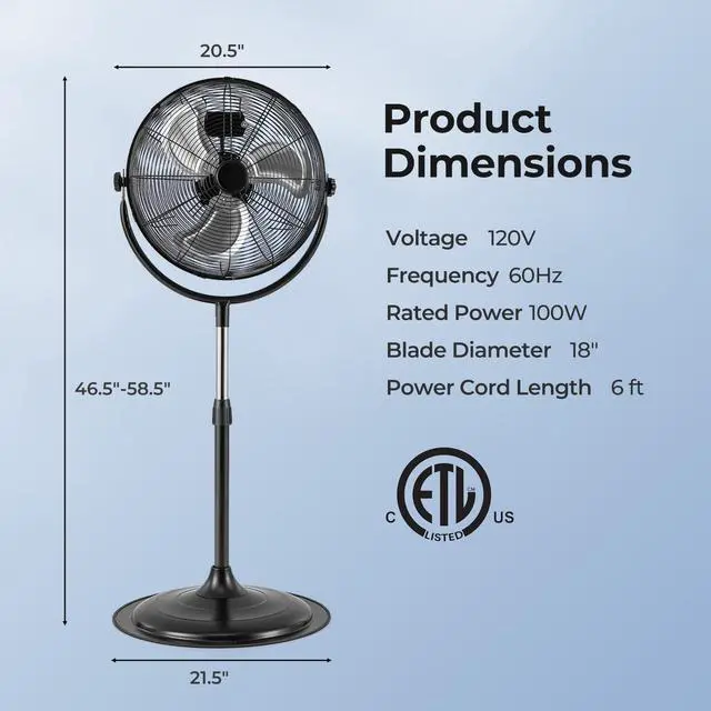 Alt view image 7 of 7 - ARLIME 18" High Velocity Pedestal Fan, Industrial Oscillating Standing Fan w/3 Speeds, 360° Tilt & Adjustable Height, Heavy Duty Metal Floor Fan for Commercial, Garage, Workshop, Warehouse (18 Inch)