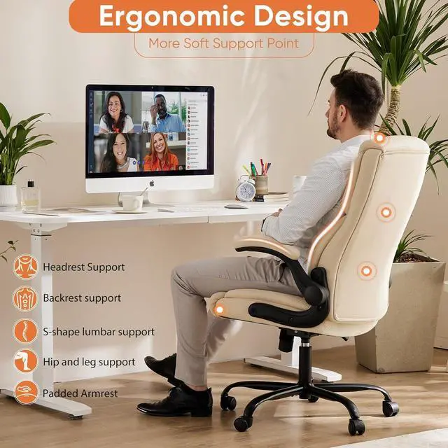 Alt view image 4 of 7 - Sweetcrispy Ergonomic Office Chair Heavy Duty Task Desk Chair with Flip-up Arms, PU Leather, Adjustable Swivel Rolling Chair with Wheels, Beige