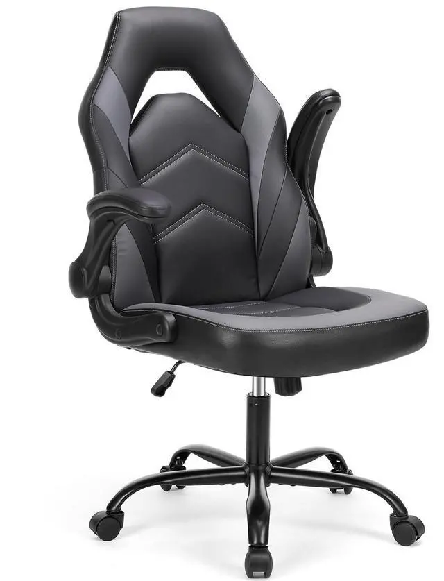 Main image of Gaming Ergonomic Office Chair for Adults, Height Adjustable Computer Desk Chair with Flip-up Armrests, PU Leather Swivel Video Game Chair with 360° Rolling Wheels, Grey
