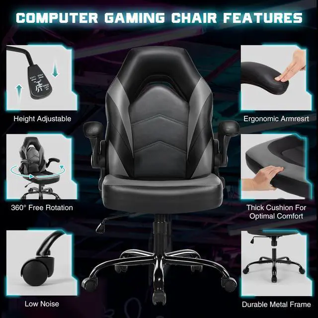Alt view image 2 of 4 - Gaming Ergonomic Office Chair for Adults, Height Adjustable Computer Desk Chair with Flip-up Armrests, PU Leather Swivel Video Game Chair with 360° Rolling Wheels, Grey
