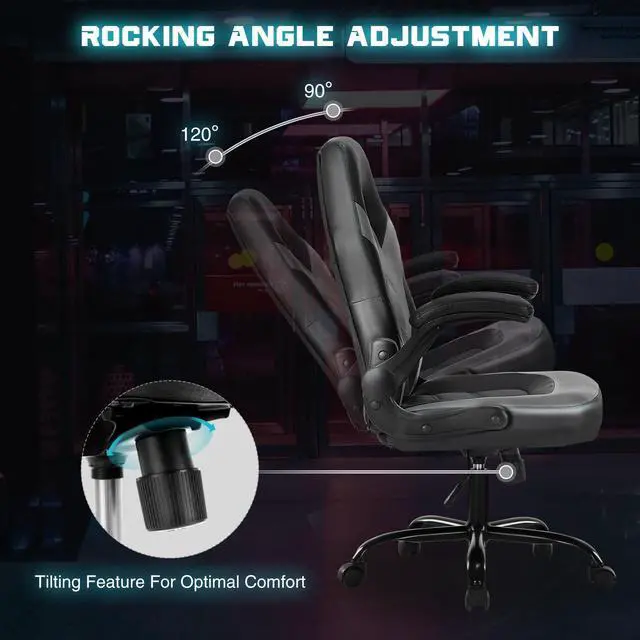 Alt view image 3 of 4 - Gaming Ergonomic Office Chair for Adults, Height Adjustable Computer Desk Chair with Flip-up Armrests, PU Leather Swivel Video Game Chair with 360° Rolling Wheels, Grey